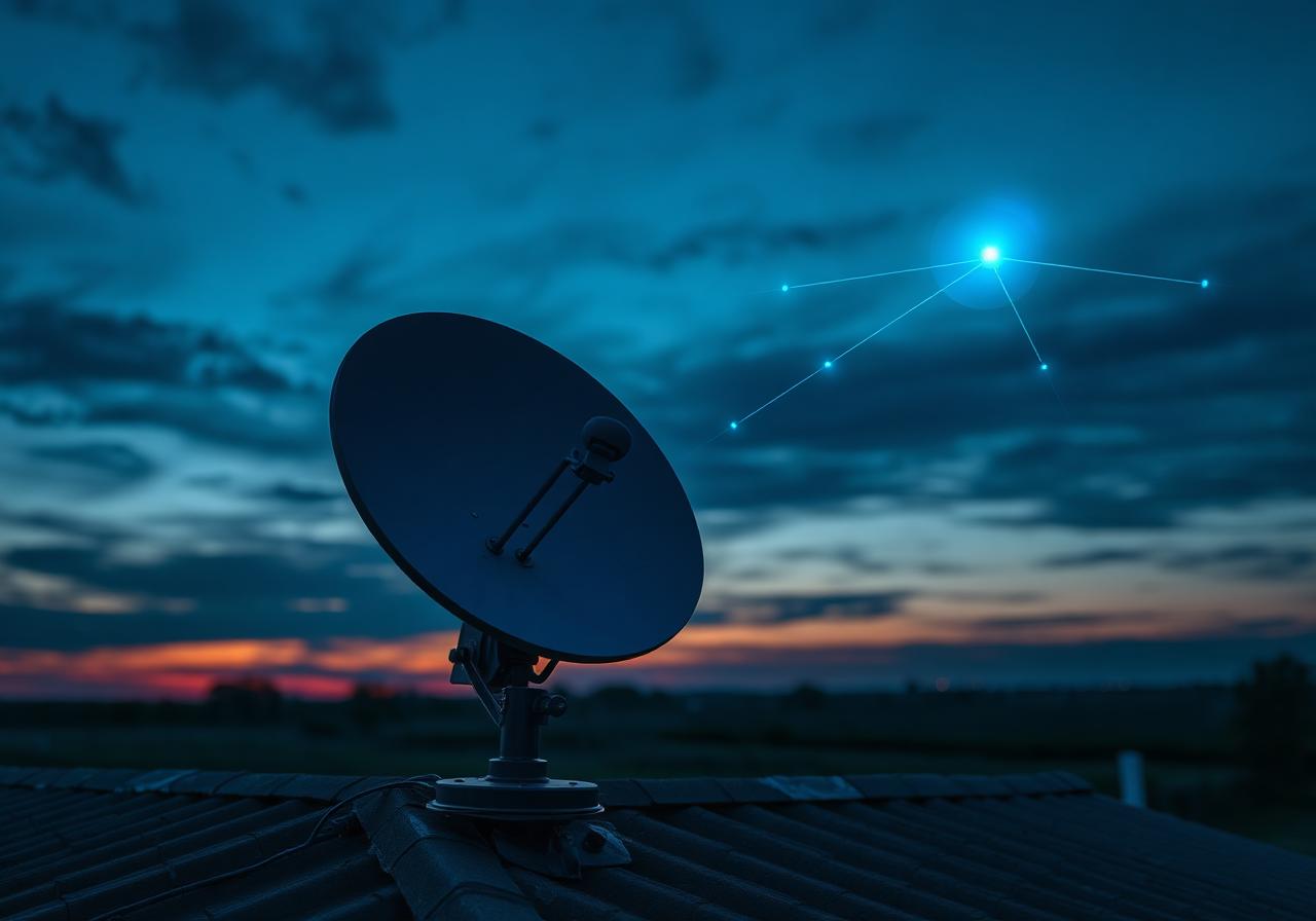 Antena de internet satelital al atardecer
